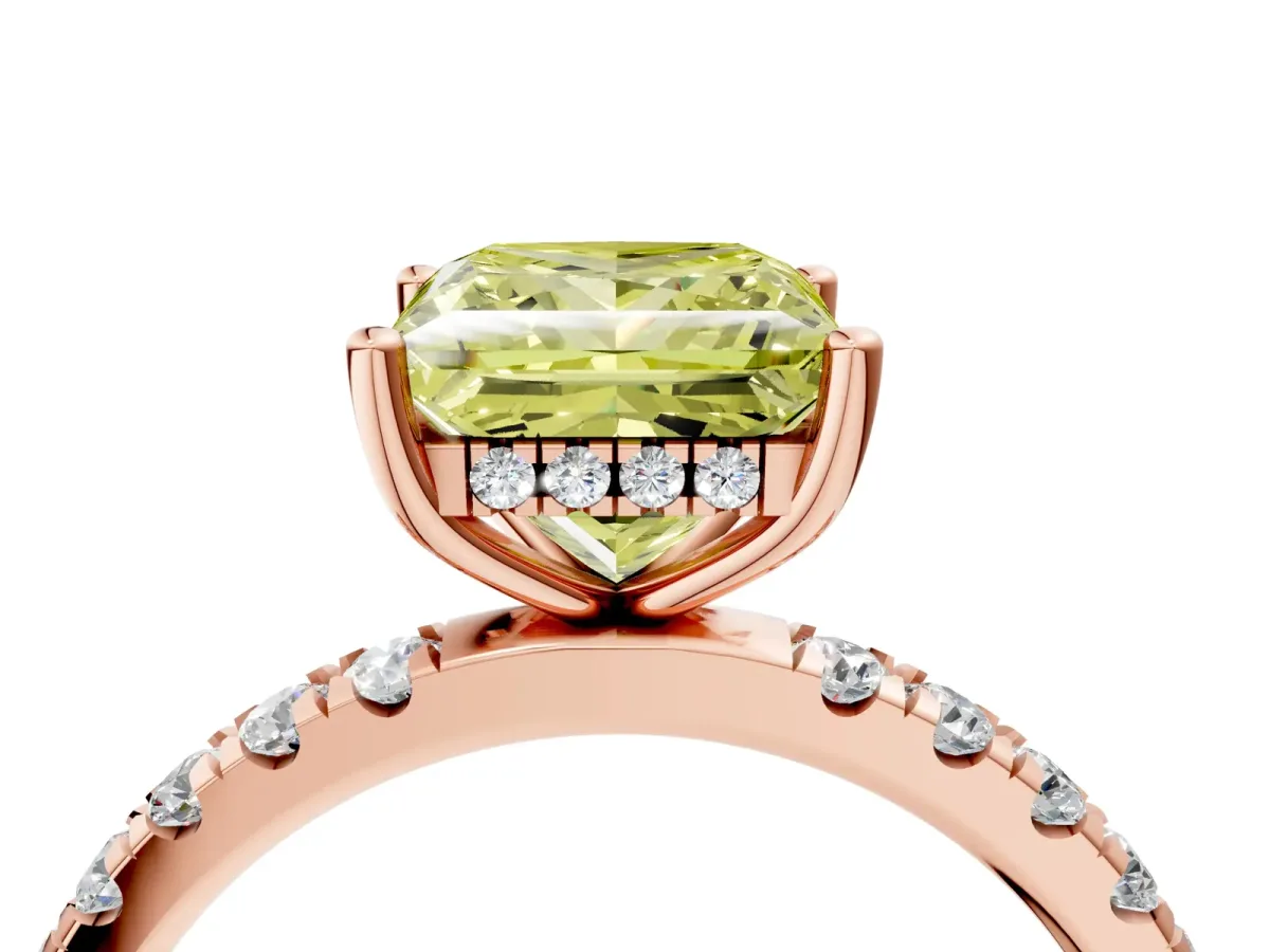 Fancy Yellow Princess Cut Diamond Pave Band Solitaire Ring with Round and Prong Setting Rose gold