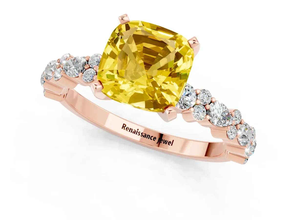 Cushion Cut Yellow Sapphire Side Stone Solitaire Ring with Round and Four-Prong Setting Rose gold