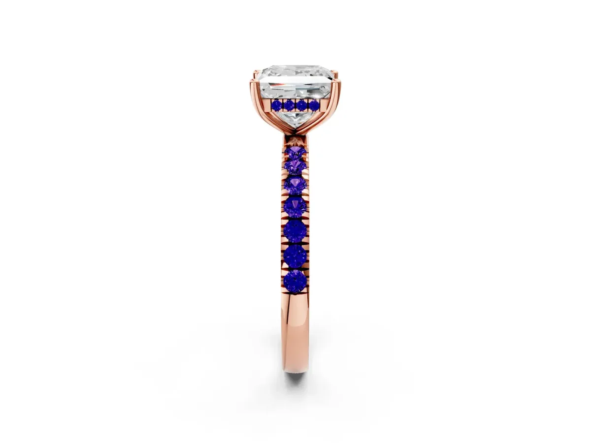 Princess Cut Diamond Pave Band Solitaire Ring with Round Tanzanite and Prong Setting Rose gold