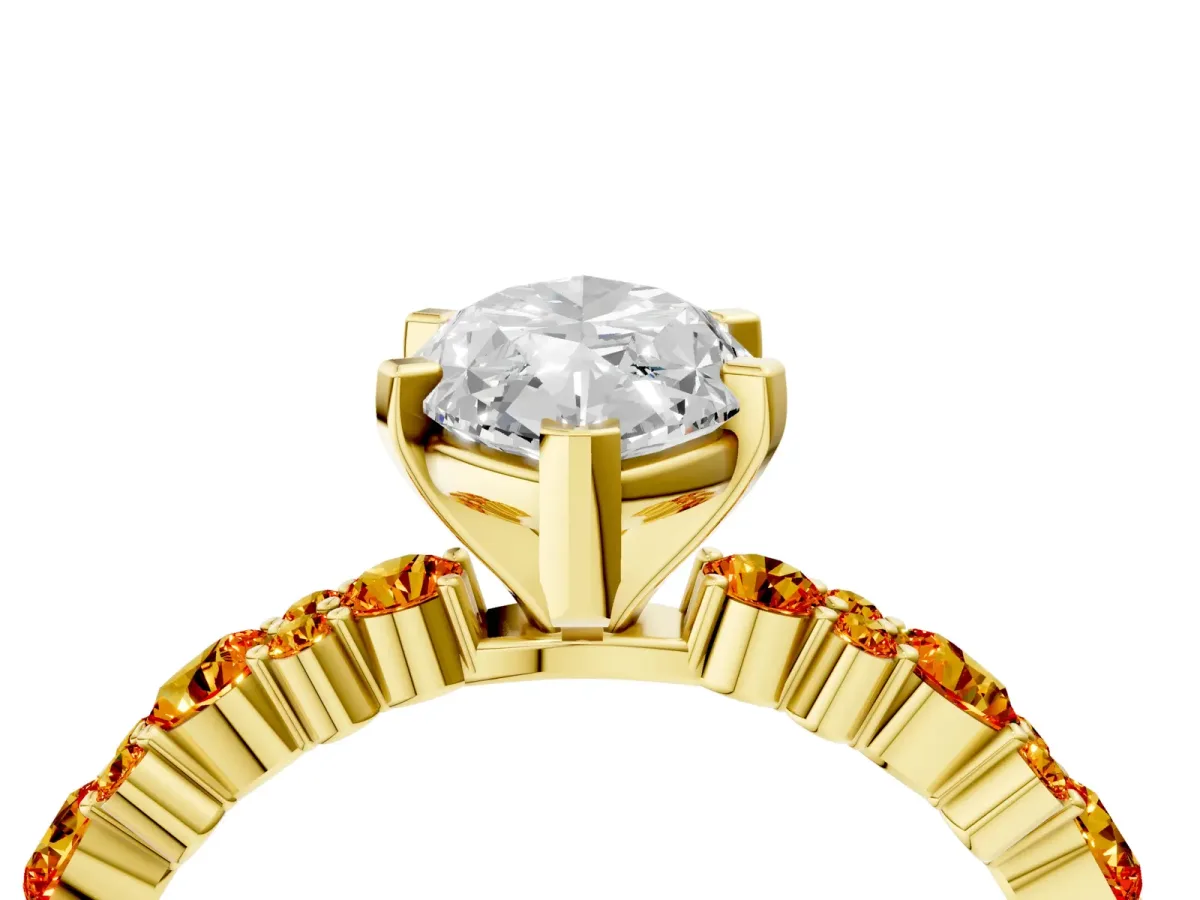 Marquise Cut Diamond Side Stone Solitaire Ring with Round Citrine and Four-Prong Setting Yellow gold