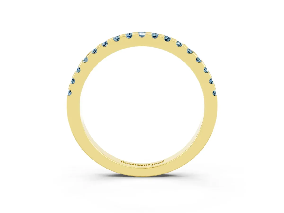 Round Aquamarine Pavé Set Eternity Band with Micro Prong Setting Yellow gold