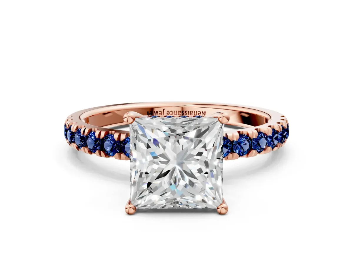 Princess Cut Diamond Pave Band Solitaire Ring with Round Blue Sapphire and Prong Setting Rose gold