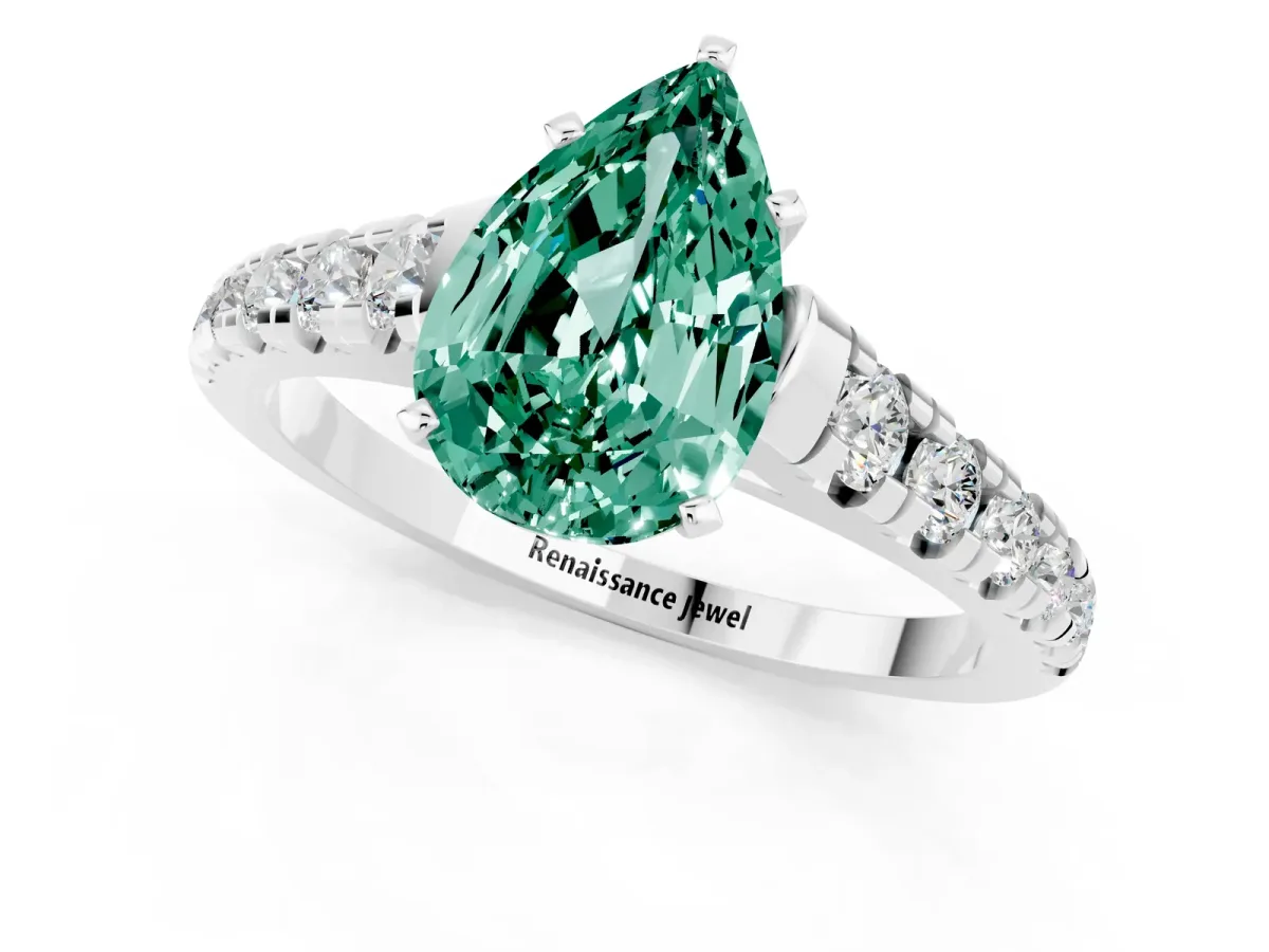 Pear Cut Green Sapphire Cathedral Solitaire Ring with Round Pavé Band Silver