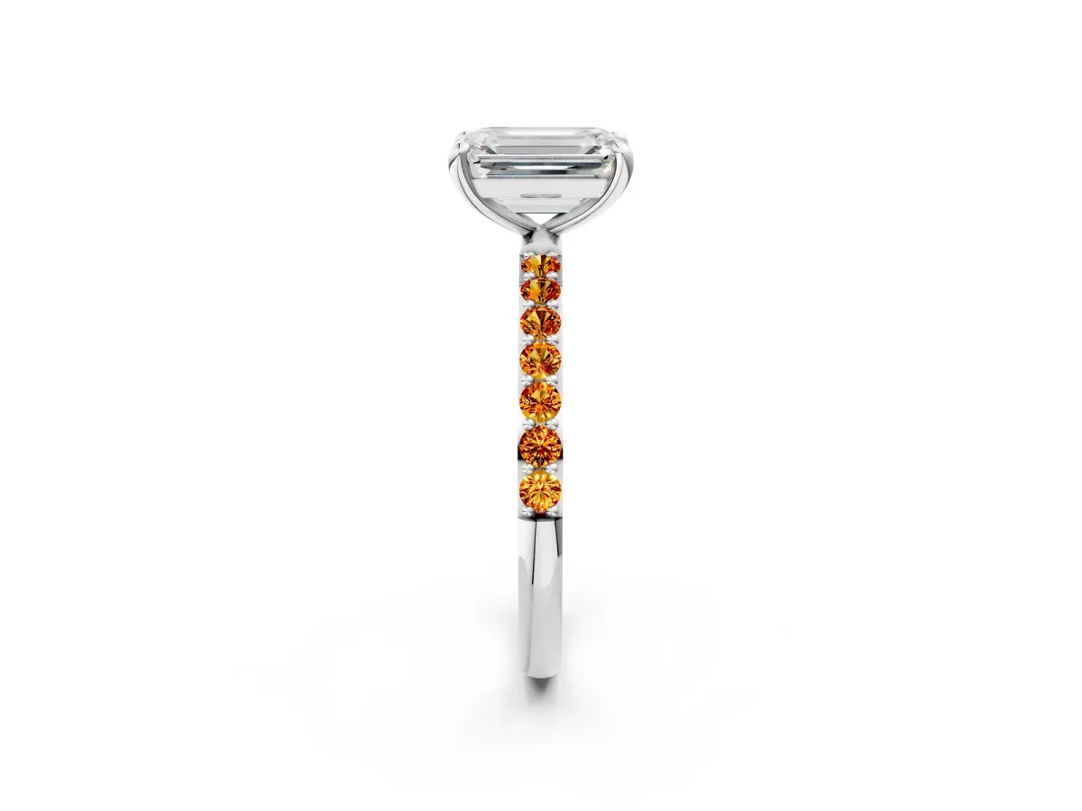 Emerald Cut Diamond Solitaire Ring with Round Citrine Pavé Band and Prong Setting Platinum