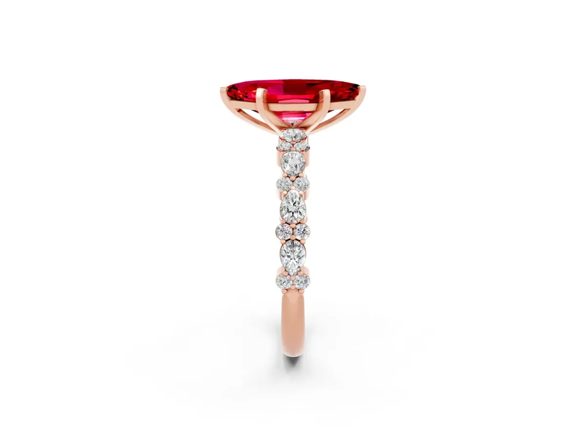 Marquise Cut Ruby Side Stone Solitaire Ring with Round and Four-Prong Setting Rose gold