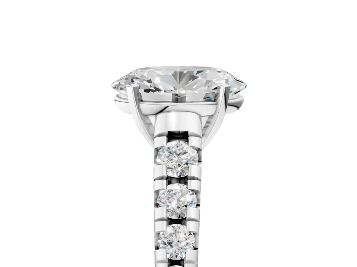 Oval Cut Diamond Cathedral Solitaire Ring with Round Moissanite Pavé Band Silver