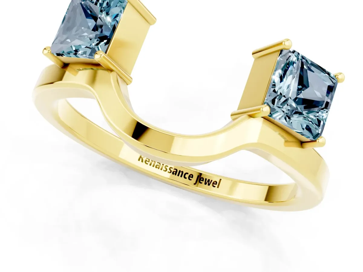 Princess Cut Aquamarine Two-Stone Open Band Ring with Four-Prong Setting Yellow gold