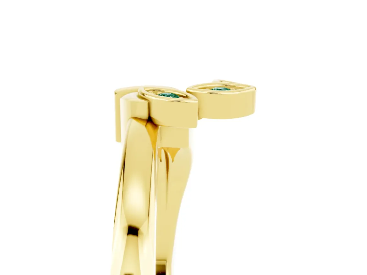 Three-Stone Round Green Sapphire Leaf Bypass Ring with Bezel Setting Yellow gold