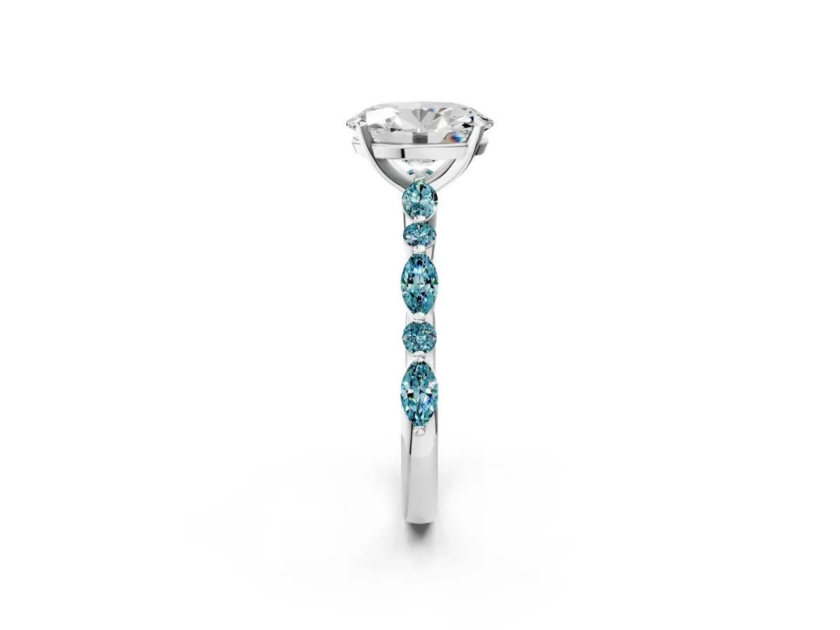 Oval Cut Diamond Ring with Marquise and Round Blue Topaz Side Stones and Four-Prong Setting Silver