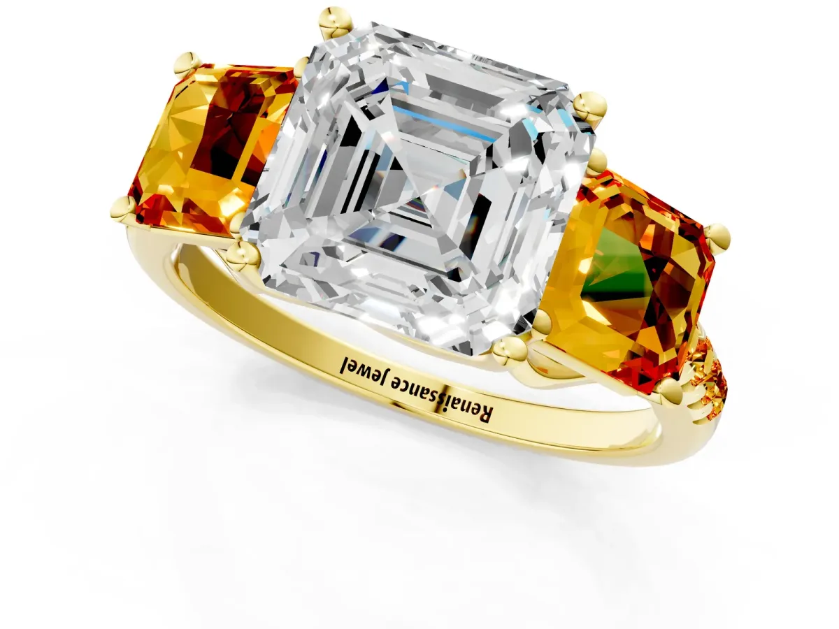 Three-Stone Asscher Cut Diamond Ring with Round Citrine Pavé Band and Prong Setting Yellow gold