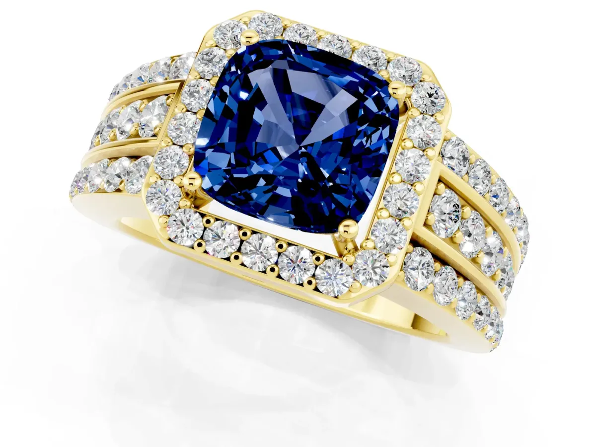 Cushion Cut Halo Blue Sapphire Ring with Round Split Shank and Prong Setting Yellow gold