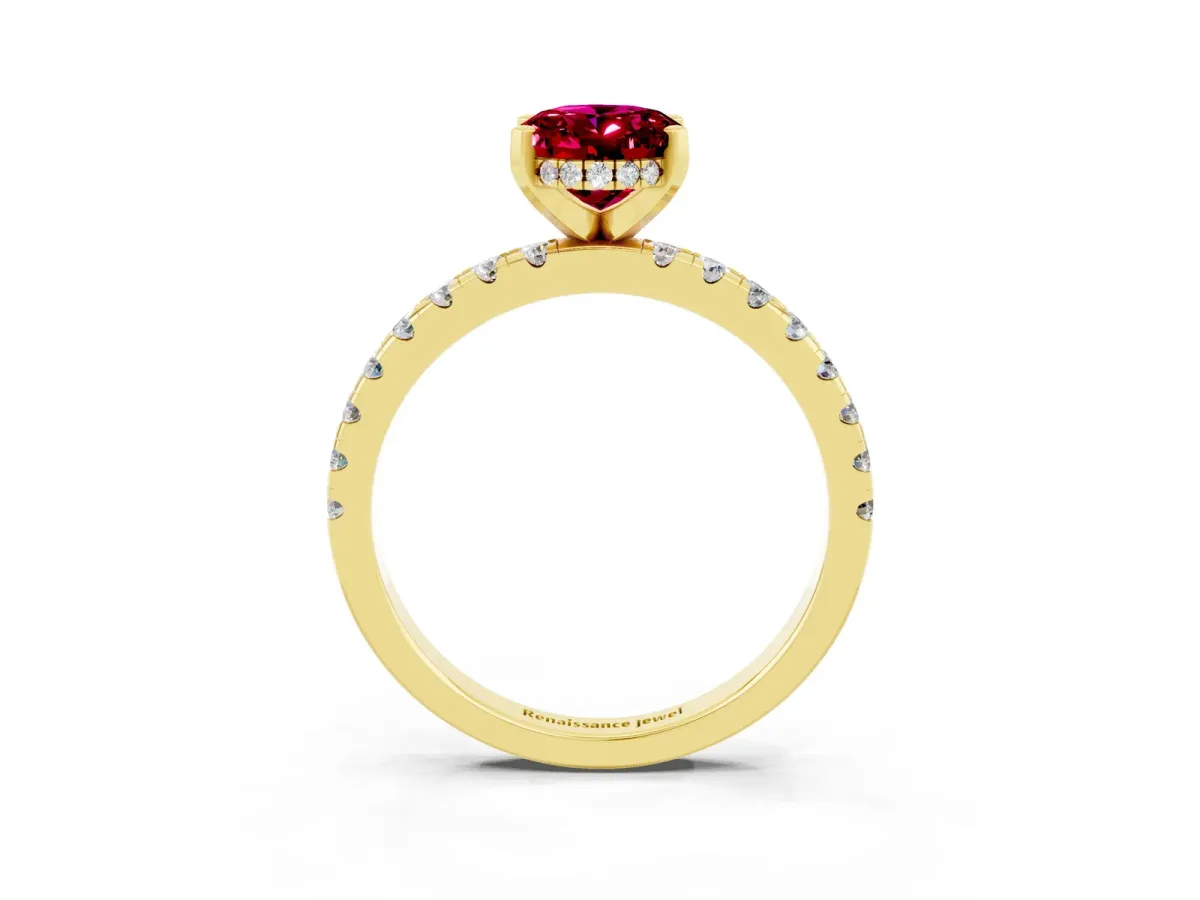 Oval Cut Garnet Solitaire Ring with Round Pavé Band and Four-Prong Setting Yellow gold