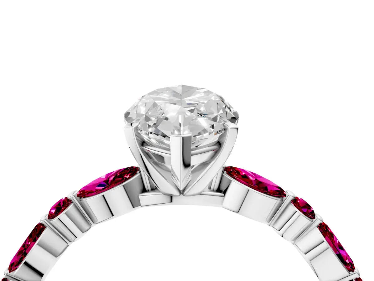 Marquise Cut Diamond Ring with Marquise and Round Garnet Side Stones and Four-Prong Setting Silver