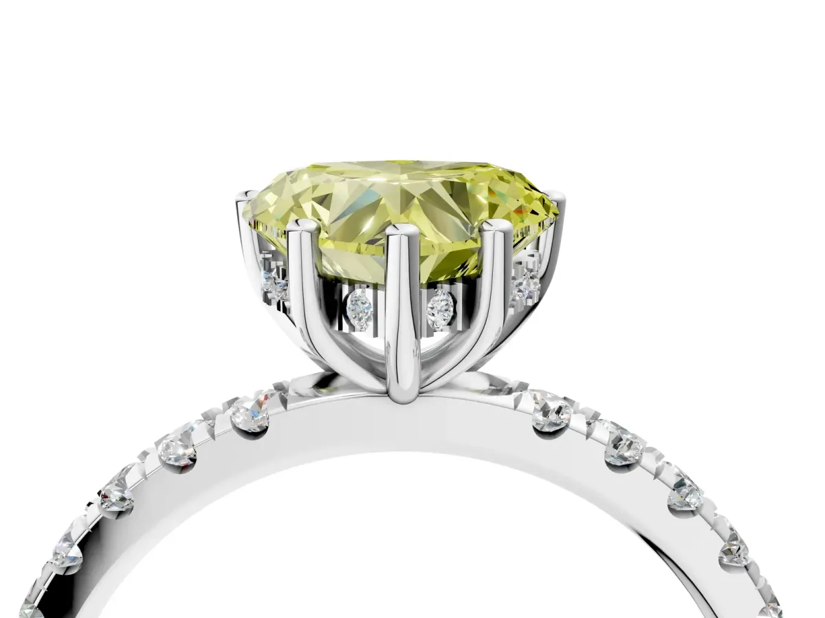 Fancy Yellow Heart Cut Diamond Pave Band Solitaire Ring with Round and Prong Setting Silver