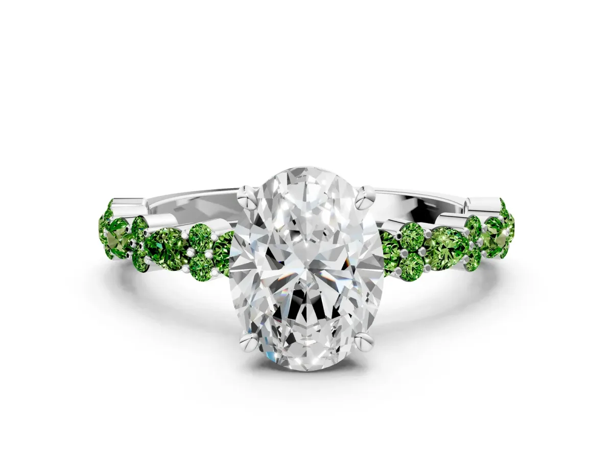 Oval Cut Diamond Side Stone Solitaire Ring with Round Peridot and Four-Prong Setting Silver