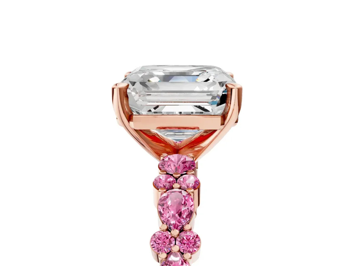 Asscher Cut Diamond Side Stone Solitaire Ring with Round Pink Sapphire and Four-Prong Setting Rose gold