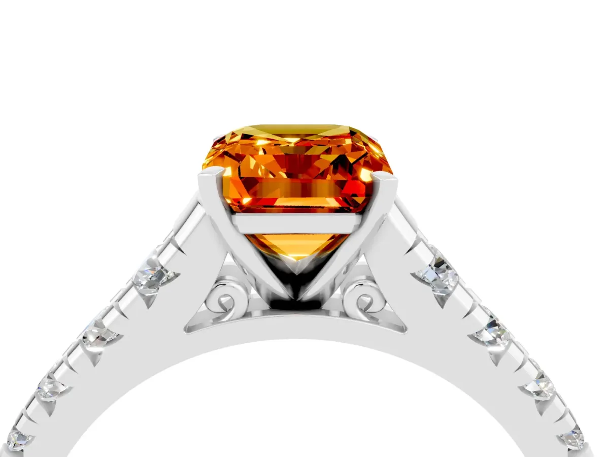 Emerald Cut Citrine Cathedral Solitaire Ring with Round Pavé Band White gold