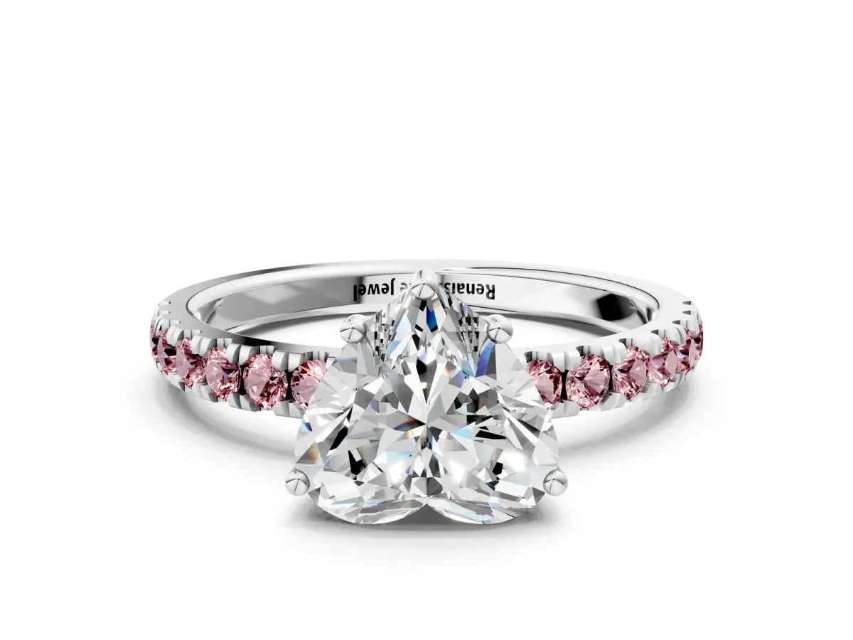 Heart Cut Diamond Pave Band Solitaire Ring with Round Morganite and Prong Setting Platinum