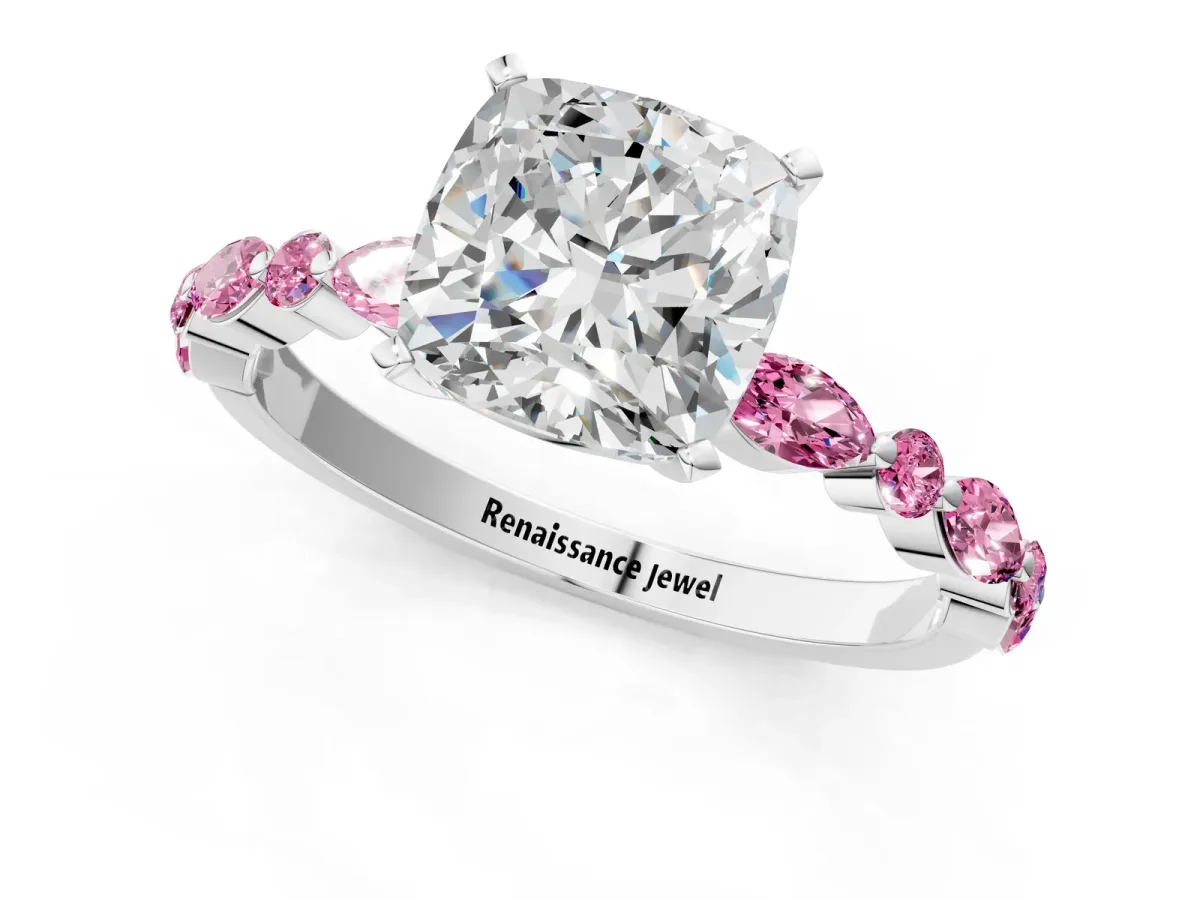Cushion Cut Diamond Ring with Marquise and Round Pink Sapphire Side Stones and Four-Prong Setting Silver