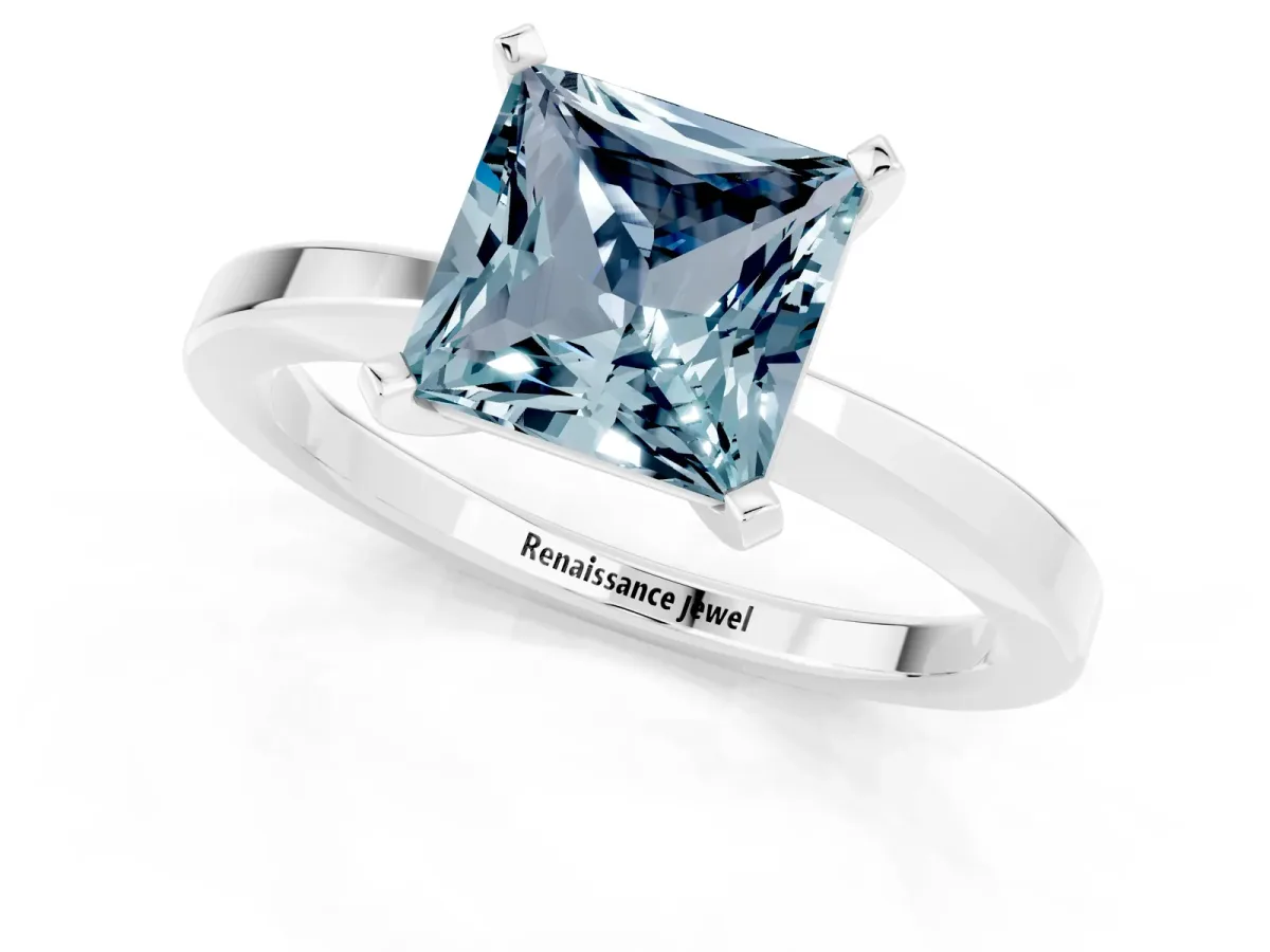 Princess Cut Aquamarine Solitaire Engagement Ring with Classic Band and Four-Prong Setting Silver