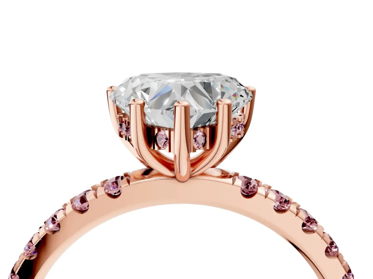 Heart Cut Diamond Pave Band Solitaire Ring with Round Morganite and Prong Setting Rose gold