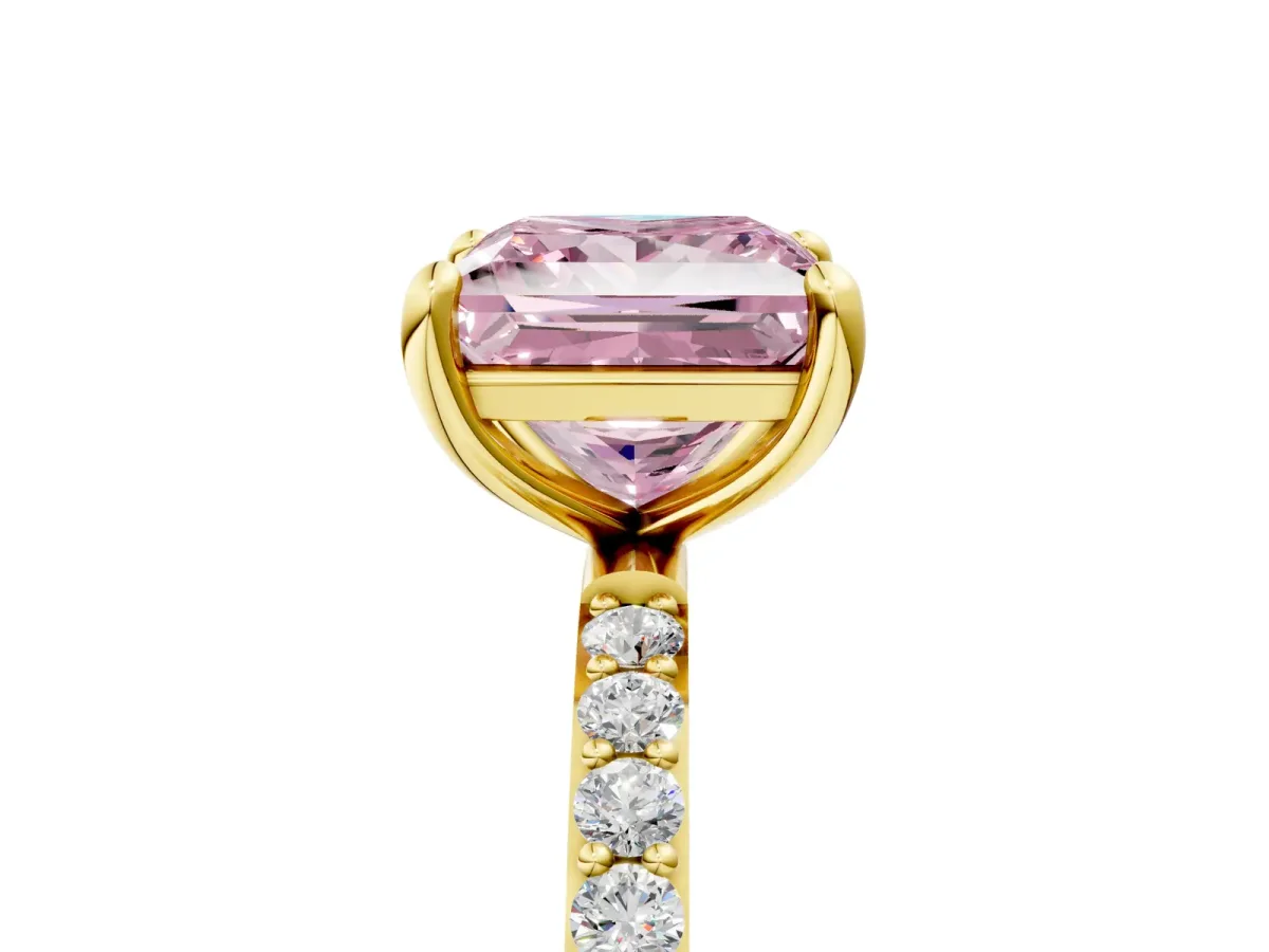 Fancy Pink Princess Cut Diamond Solitaire Ring with Round Pavé Band and Prong Setting Yellow gold