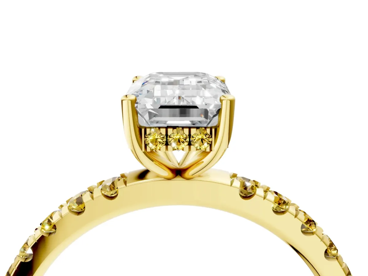 Emerald Cut Diamond Pave Band Solitaire Ring with Round Yellow Sapphire and Prong Setting Yellow gold