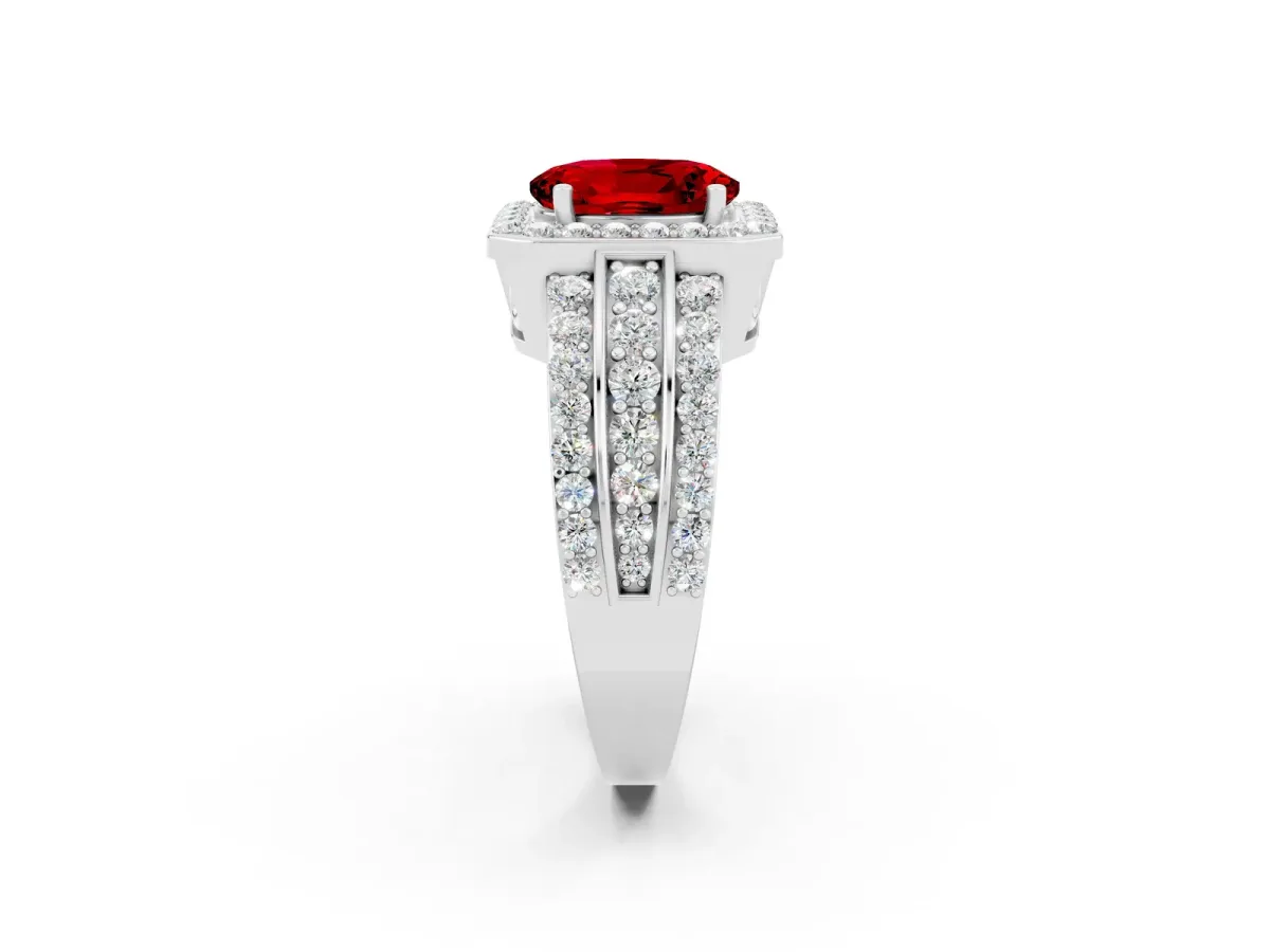 Oval Cut Halo Ruby Ring with Round Split Shank and Prong Setting White gold