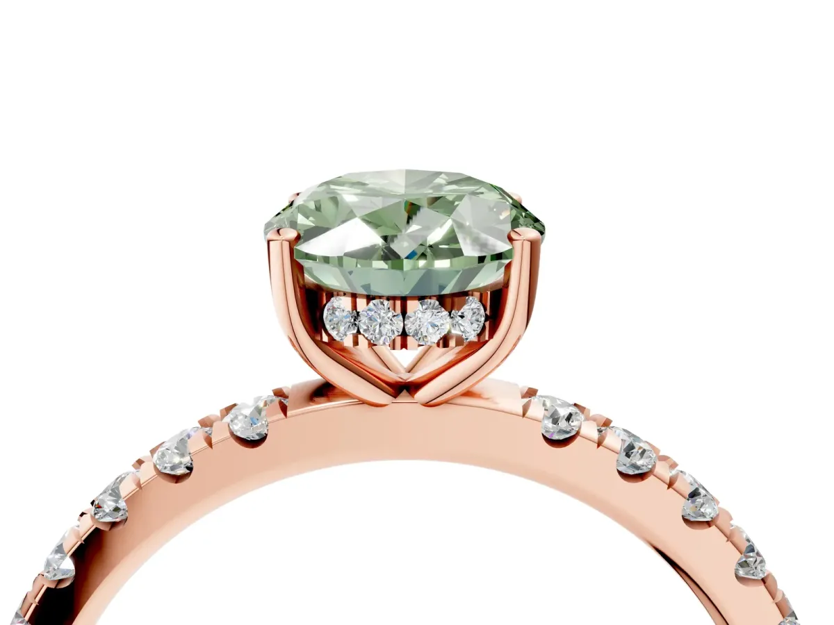 Fancy Green Oval Cut Diamond Pave Band Solitaire Ring with Round and Prong Setting Rose gold