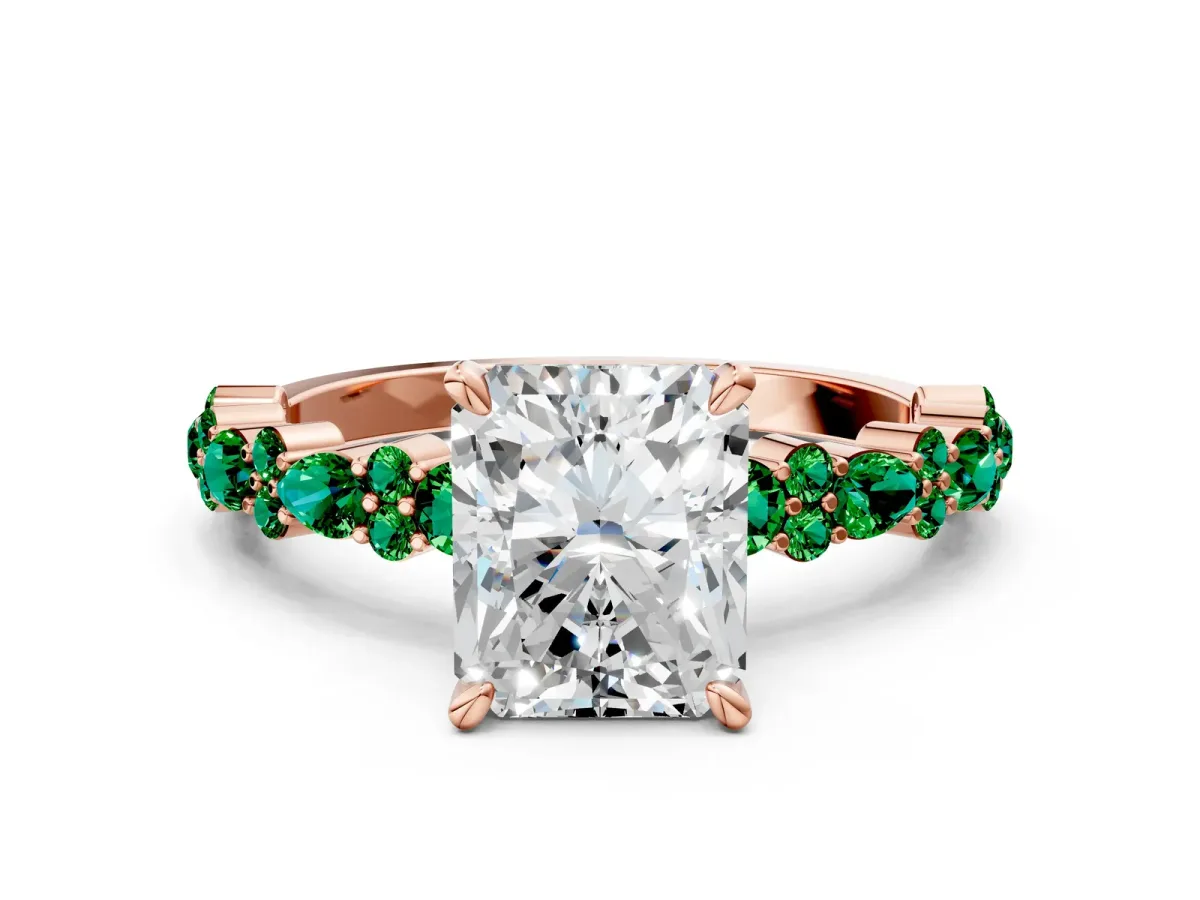 Radiant Cut Diamond Side Stone Solitaire Ring with Round Emerald and Four-Prong Setting Rose gold