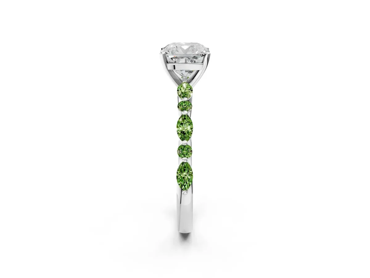 Cushion Cut Diamond Ring with Marquise and Round Peridot Side Stones and Four-Prong Setting Silver