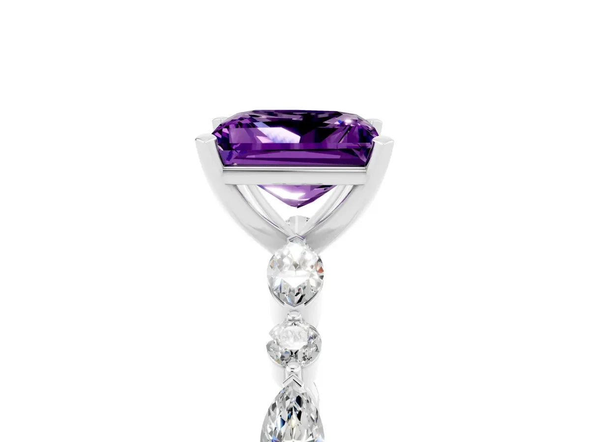 Princess Cut Amethyst Ring with Marquise and Round Side Stones and Four-Prong Setting Platinum