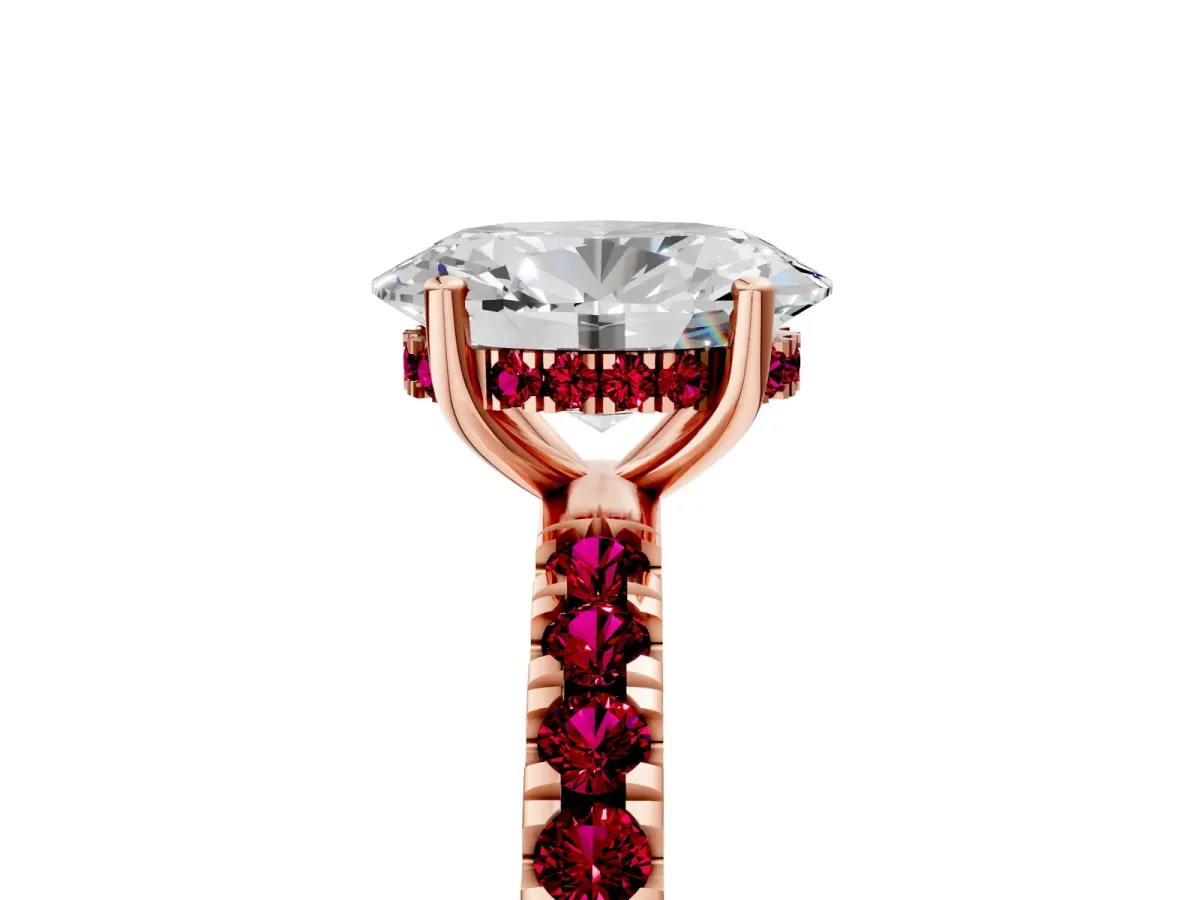 Oval Cut Diamond Pave Band Solitaire Ring with Round Garnet and Prong Setting Rose gold