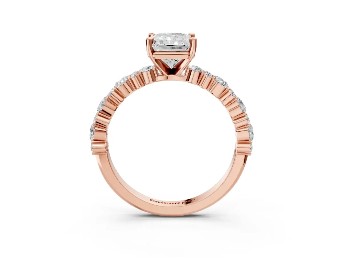 Radiant Cut Diamond Side Stone Solitaire Ring with Round Moissanite and Four-Prong Setting Rose gold