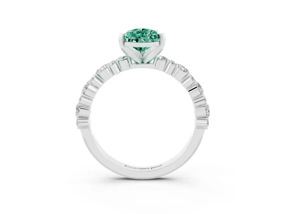 Pear Cut Green Sapphire Side Stone Solitaire Ring with Round and Four-Prong Setting White gold