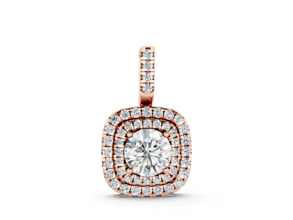 Double Halo Round Diamond Pendant with Pavé Setting and Prong Setting Rose gold