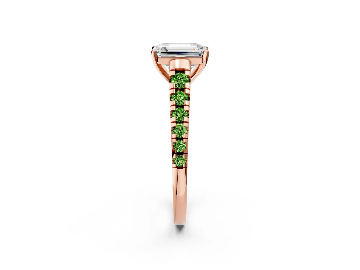 Emerald Cut Diamond Cathedral Solitaire Ring with Round Peridot Pavé Band Rose gold