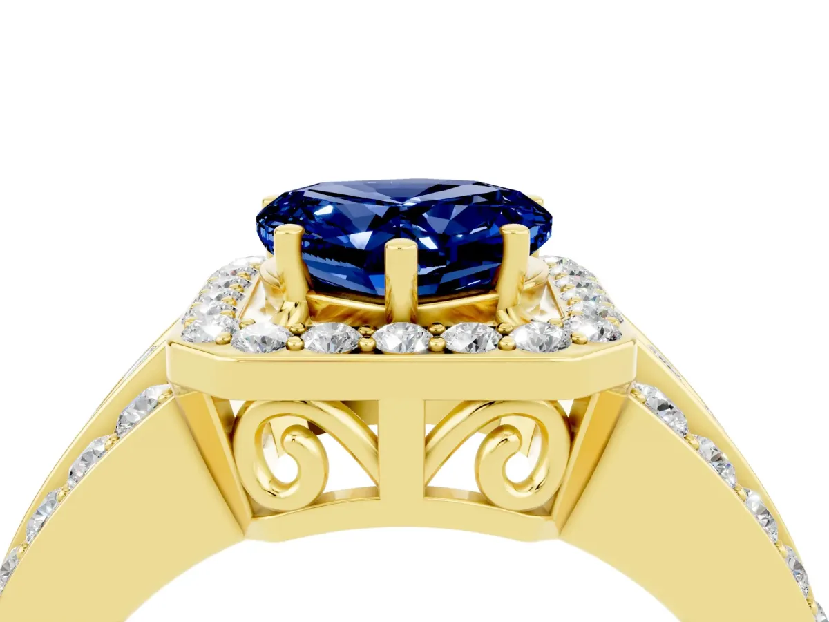 Heart Cut Halo Blue Sapphire Ring with Round Split Shank and Prong Setting Yellow gold