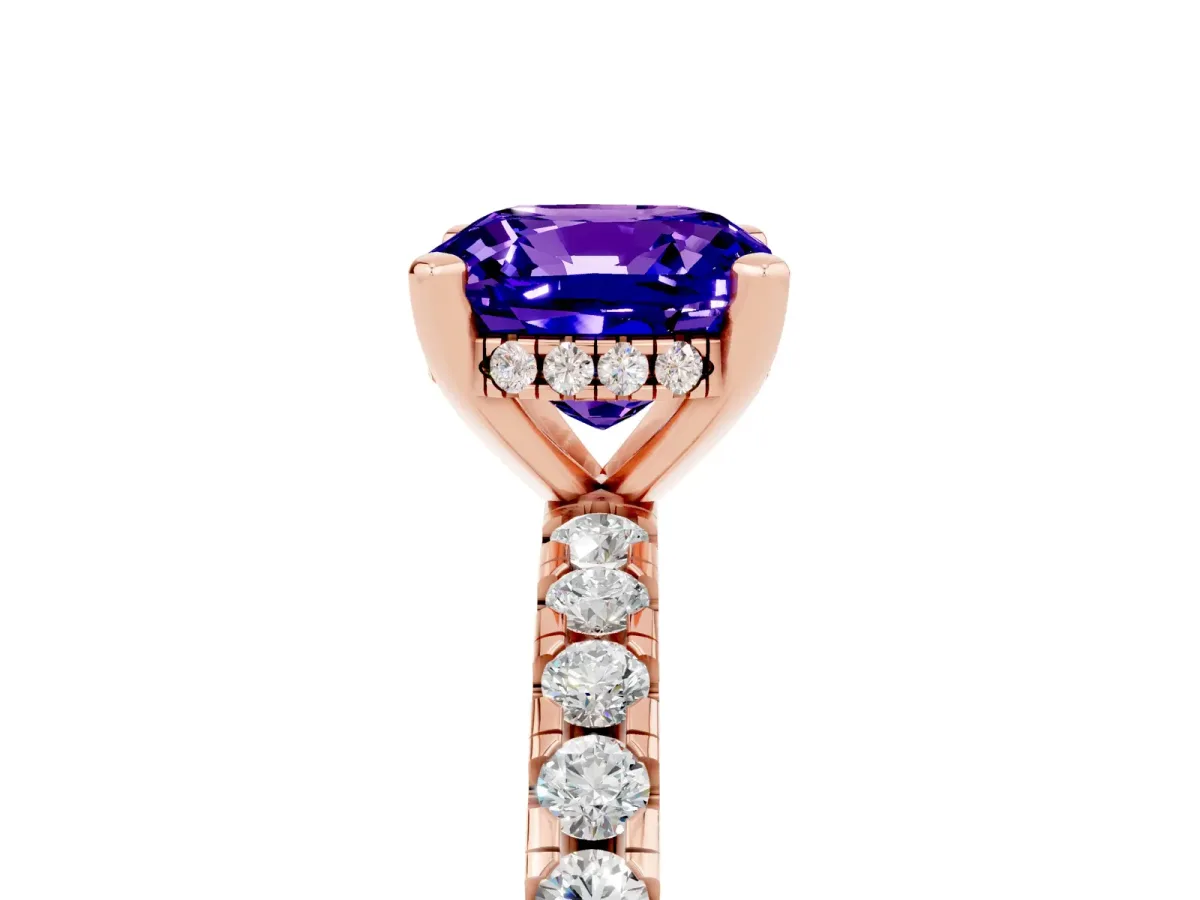 Cushion Cut Tanzanite Solitaire Ring with Round Pavé Band and Four-Prong Setting Rose gold