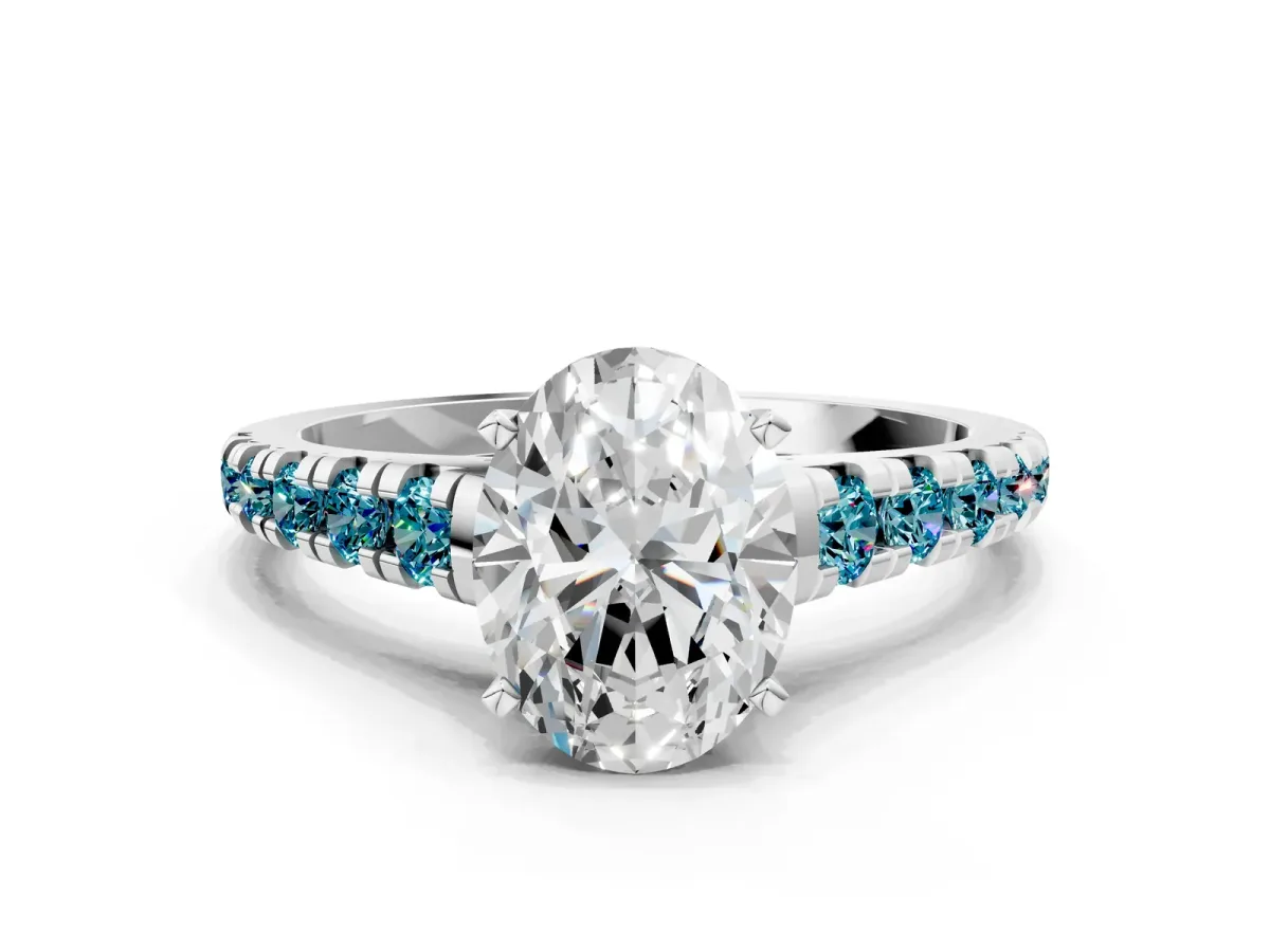 Oval Cut Diamond Cathedral Solitaire Ring with Round Blue Topaz Pavé Band Silver