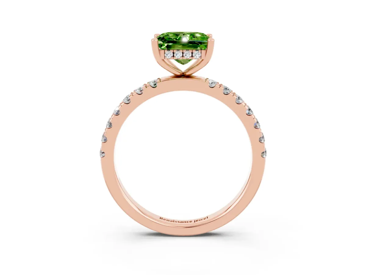 Princess Cut Peridot Pave Band Solitaire Ring with Round and Prong Setting Rose gold