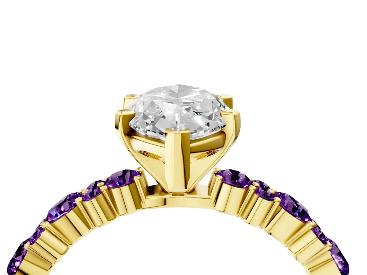 Marquise Cut Diamond Side Stone Solitaire Ring with Round Amethyst and Four-Prong Setting Yellow gold