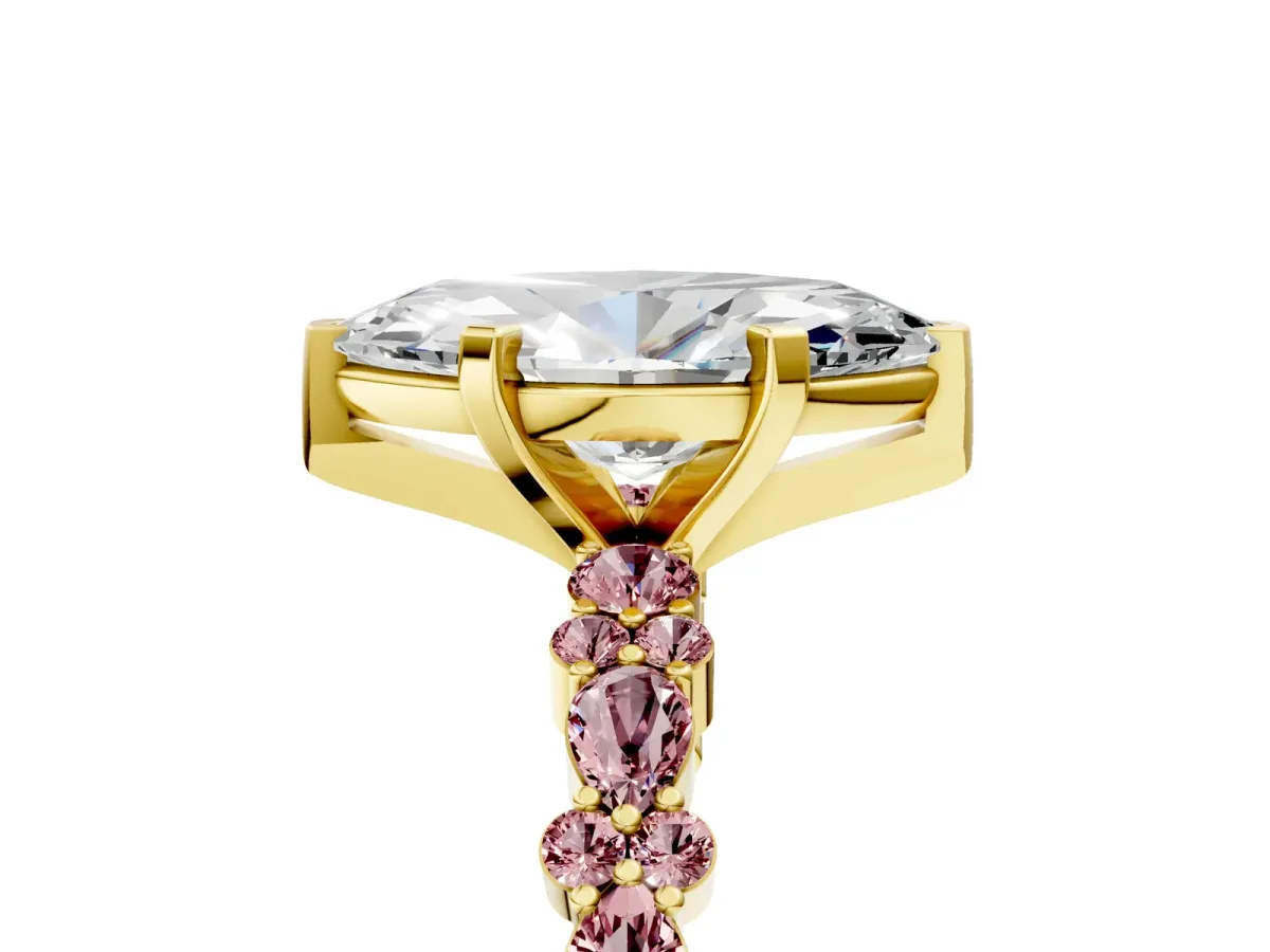 Marquise Cut Diamond Side Stone Solitaire Ring with Round Morganite and Four-Prong Setting Yellow gold
