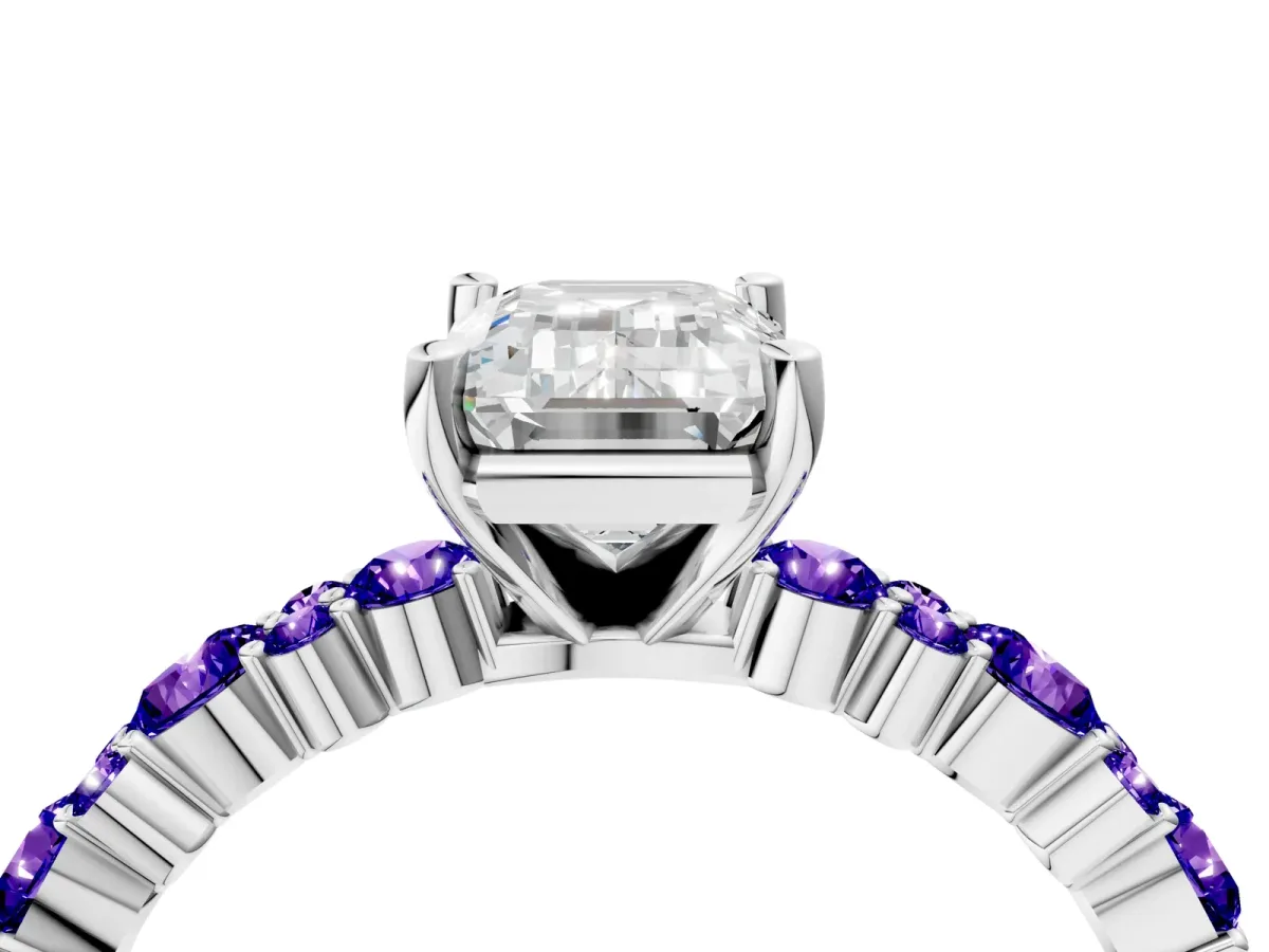 Emerald Cut Diamond Side Stone Solitaire Ring with Round Tanzanite and Four-Prong Setting White gold