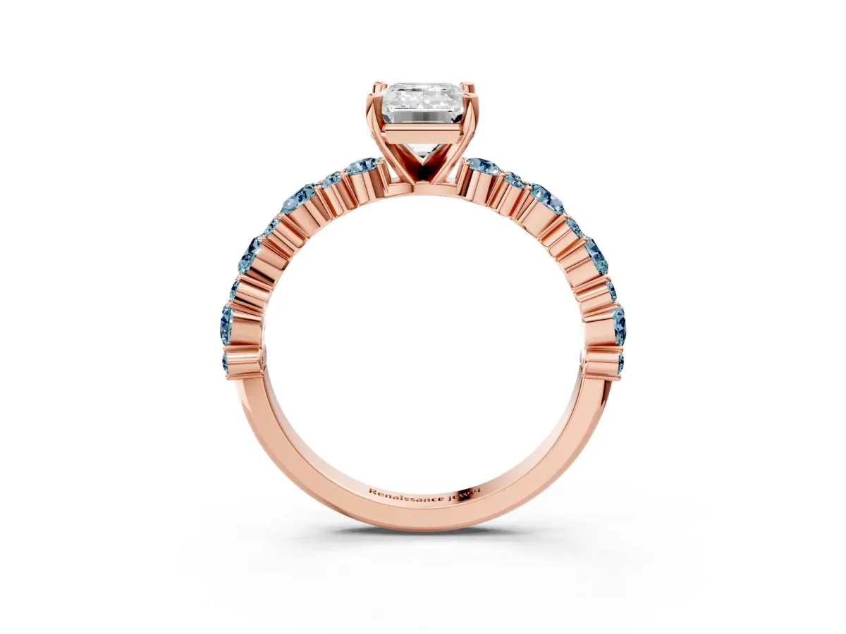 Emerald Cut Diamond Side Stone Solitaire Ring with Round Aquamarine and Four-Prong Setting Rose gold