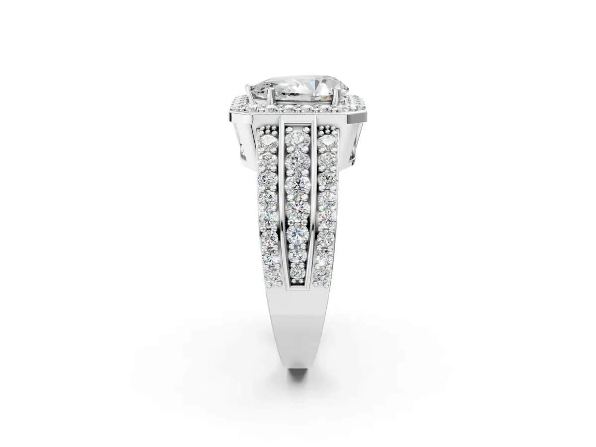 Pear Cut Halo Diamond Ring with Round Moissanite Split Shank and Prong Setting Silver
