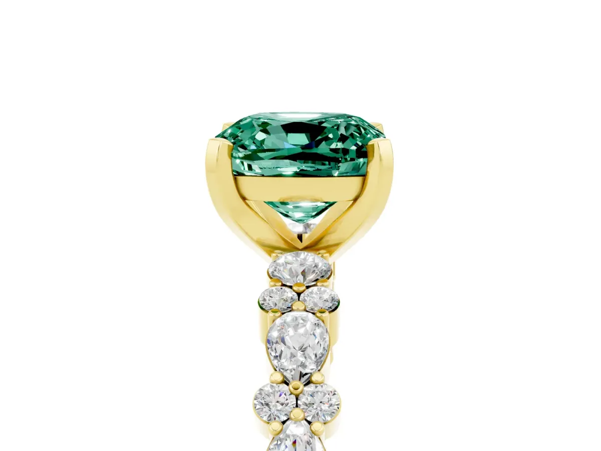 Cushion Cut Green Sapphire Side Stone Solitaire Ring with Round and Four-Prong Setting Yellow gold