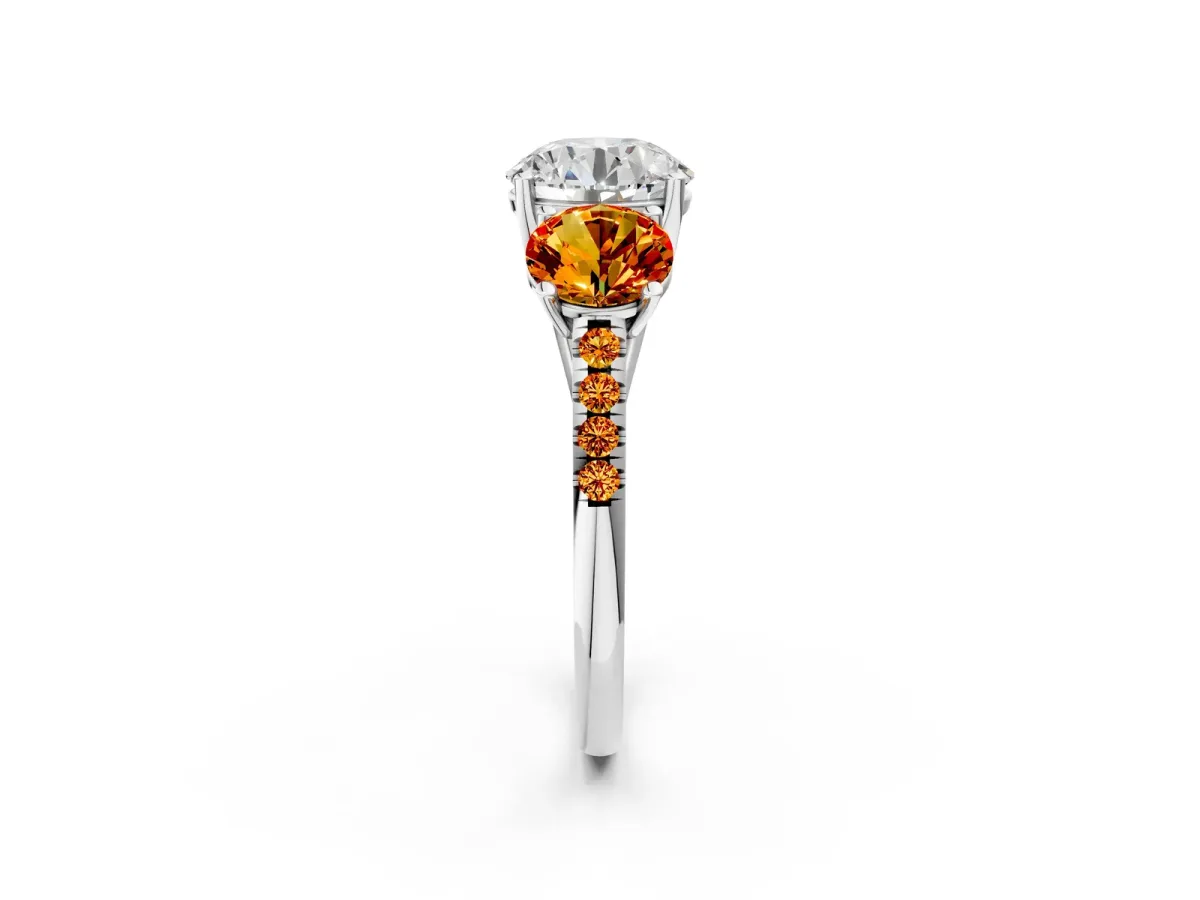 Three-Stone Round Cut Diamond Ring with Round Citrine Pavé Band and Prong Setting White gold
