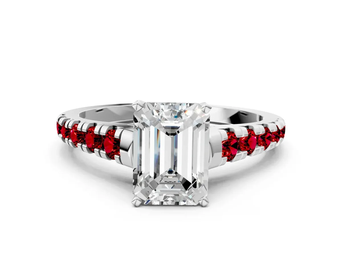 Emerald Cut Diamond Cathedral Solitaire Ring with Round Ruby Pavé Band White gold