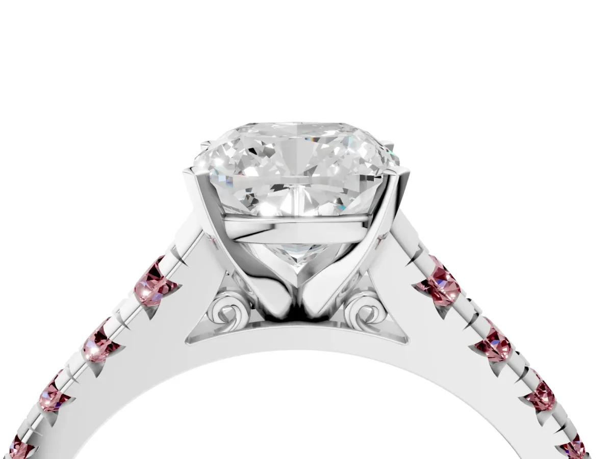 Cushion Cut Diamond Cathedral Solitaire Ring with Round Morganite Pavé Band Platinum